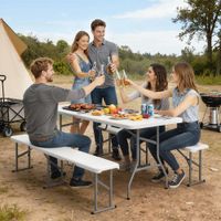 3-teiliges Picknicktisch-Set, 1 Tisch, 2 Bänke, Faltbarer Campingtisch, Weiß