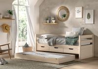 VIPACK - Funktionsbett, 3 Schubladen, Rolllattenrost, 90x200, Bettschublade, Milky White lackiert