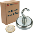 Magnethaken Magnet mit Haken Ø 42 mm, Neodym, Zink - Hält 68 kg - Hakenmagnet 