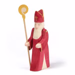 Ostheimer Ostheimer Sankt Nikolaus H 175 cm _13980 Der Ostheimer Sankt Nikolaus H 175 cm ist eine Holzfigur von Ostheimer die einen Bischof in rotem Gewand und Mitra darstellt der einen gelben Krummstab in der Hand hält isoliert auf weißem Hintergrund.