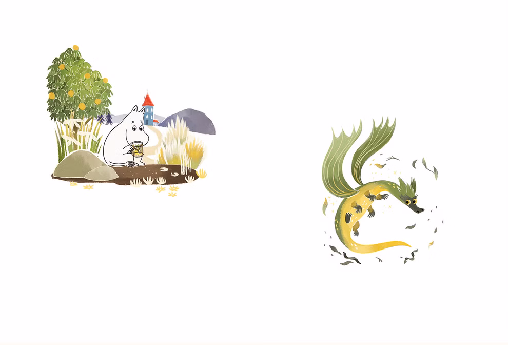 Urachhaus Die Mumins und der letzte Drache nach Tove Jansson _34057 In "Die Mumins und der letzte Drache nach Tove Jansson" aus Urachhaus sitzt eine weiße nilpferdähnliche Mumin mit einer Tasse auf einem Felsen in der Nähe eines Busches und eines entfernten Hauses während sich in der Nähe ein grün-gelber Drache in den wirb