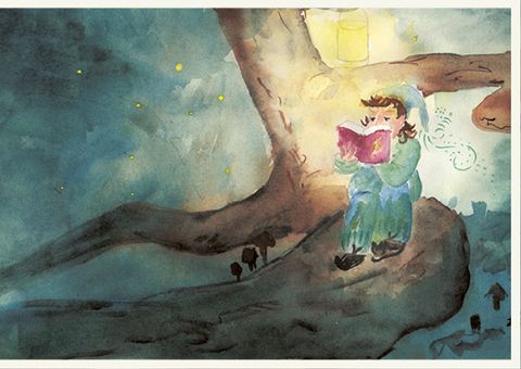 Carte postale Nain avec livre et lanterne 