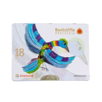 Stockmar STOCKMAR Buntstifte dreieckig 18+1 im Blechetui_34126 Ein lebendiger handgezeichneter Vogel mit blauen violetten grünen und gelben Federn ziert das Cover des Stockmar Buntstifte dreieckig 18+1 im Blechetui Buntstiftsets.