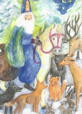 Postcard Father Christmas with the animals