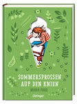 Buchumschlag von Sommersprossen auf den Knien - Schmuckausgabe von Maria Parr (Oetinger Verlag) mit grünem Blatthintergrund und einem rothaarigen Mädchen auf einem Fahrrad eingerahmt in die Form einer Eistüte.