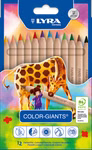 Eine Schachtel Lyra Farbriesen 12 Stück sechskant Buntstifte von Lyra zeigt eine Giraffe und ein Mädchen mit einem Pinsel auf einem bunten Hintergrund. Zwölf Stifte sind durch das Verpackungsfenster sichtbar.