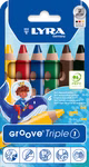 Eine Packung Lyra Groove Triple 6 Stück Buntstifte von Lyra mit sechs dicken sortierten Farben und der Abbildung eines Kindes das auf einem Wal reitet auf der Vorderseite. Produkt- und Umweltzertifizierungen werden angezeigt.