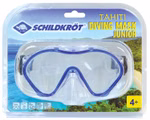 Eine verpackte Schildkröt Junior Tauchmaske Tahiti mit blauem Besatz ist vor einem tropischen Strandhintergrund abgebildet und als geeignet für Kinder ab 4 Jahren gekennzeichnet.