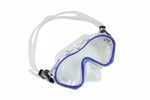 Die Schildkröt Junior Tauchmaske Tahiti 4+ ist eine durchsichtige Tauchmaske mit blauem Rand und einem verstellbaren weißen Band auf weißem Hintergrund.