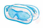 Die Schildkröt Junior Schwimmbrille blau (Bali 4+) wird in einer transparenten Tragetasche mit Reißverschluss und dem Markennamen auf der Vorderseite geliefert.