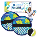 Schildkröt Neopren Klettball Set mit einem Ball _32562 Das Schildkröt Neopren Klettball Set mit einem Ball besteht aus zwei blauen Palmenmustern einem gelb-schwarzen Ball und einer Verpackung. Ein Kind mit Pferdeschwanz ist von hinten zu sehen. Für Kinder ab 4 Jahren.