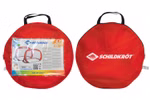Zwei rote runde Tragetaschen mit schwarzen Griffen für den Schildkröt Fußballtore Pop-Up. Die eine hat eine Klarsichttasche mit Anleitung und Schildkröt-Logo die andere zeigt nur das Schildkröt-Logo.