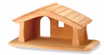 Ostheimer Stall natur mini Ein kleiner, schlicht gehaltener Spielzeugstall aus hellem Naturholz mit Giebeldach und offener Front in minimalistischem Design.