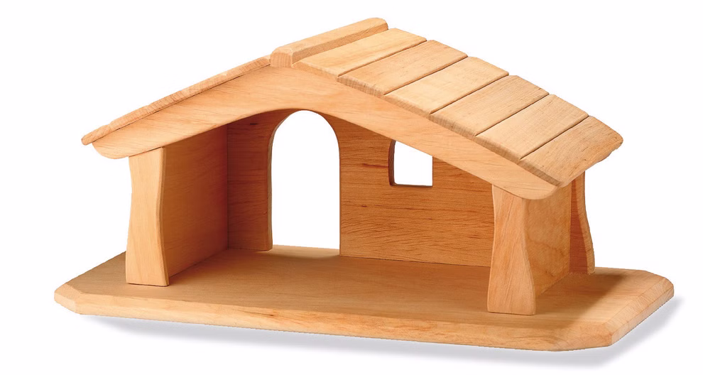 Ostheimer Stall natur mini Ein kleiner, schlicht gehaltener Spielzeugstall aus hellem Naturholz mit Giebeldach und offener Front in minimalistischem Design.