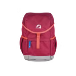 Der Finkid Kinder Outdoor Rucksack in Rübenrot/Chili hat wasser- und schmutzabweisendes Material orangefarbene Träger eine blaue Fronttasche mit Reißverschluss Seitentaschen und ein weißes Logo auf der oberen Vorderseite.