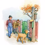 Ein Mann in Latzhose und sein brauner Hund spazieren an herbstlichen Bäumen vorbei während ein anderer Mann in einem braunen Mantel in der Nähe eines grünen Tores zusieht. Szene inspiriert von "Willy Werkel und der Zeppelin Brummelhummel" aus Urachhaus.