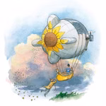 Auf diesem Urachhaus-Aquarell das von "Willy Werkel und der Zeppelin Brummelhummel" von George Johansson inspiriert ist schwebt ein mit Sonnenblumen verziertes Luftschiff während eine gelb gefärbte Maus auf die Leiter springt begleitet von einem Hund und e
