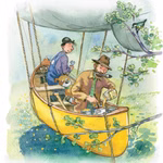 In "Willy Werkel und der Zeppelin Brummelhummel" von Urachhaus sitzen zwei Männer und ein brauner Hund in einem gelben Boot das zwischen grünen Ästen hängt während der eine Tee einschenkt der andere zurückschaut und ein Vogel von oben zusieht.