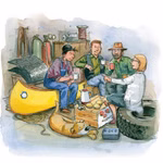 In einer Werkstatt voller Werkzeuge und Maschinen genießen vier Personen Kaffee und Gebäck in der Nähe eines Hundes mit "Willy Werkel und der Zeppelin Brummelhummel" von George Johansson (Urachhaus) in der Hand.