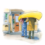 Zwei Personen stehen vor einem Haus mit "Willy Werkel und der Zeppelin Brummelhummel" von Urachhaus. Die Haustür steht offen und jemand im Haus blickt überrascht auf die skurrile Szene hinaus.