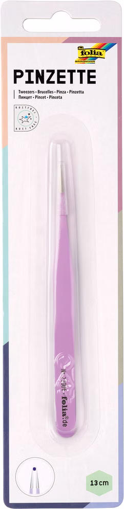 Pinzette aus Edelstahl Spitze violette Bastelpinzette aus Edelstahl für präzise Bastelarbeiten in durchsichtiger Verpackung vor weißem Hintergrund.