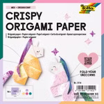 Irisierendes Origami Papier MIX Quadratische Origami-Blätter in verschiedenen Farben, teils mit Punktmuster und teils in Kristall-Optik, die durch eine irisierende Oberfläche metallisch glänzen.