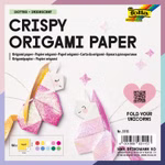 Quadratisches Origami-Papier mit Bastelmotiv und Perlmutt-Glanz und dezentem Punktmuster in zehn verschiedenen Farben. 