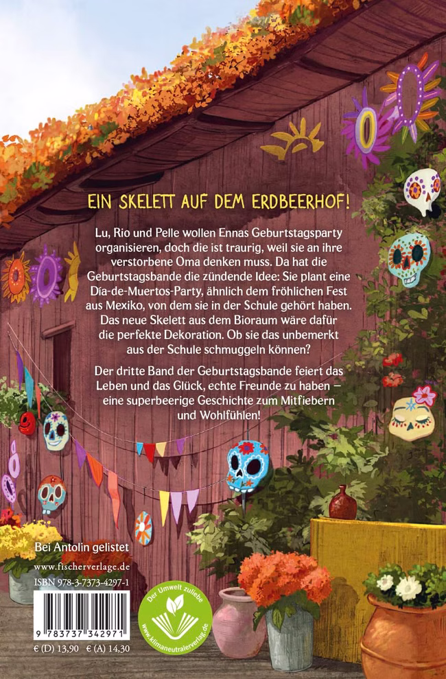 Fischer Sauerländer Die Geburtstagsbande. Ein Fest für alle! Band 3_32949 Ein Plakat mit dem Cover von "Die Geburtstagsbande. Ein Fest für alle! Band 3" von Fischer Sauerländer das ein Haus mit Blumen und Totenköpfen zeigt.