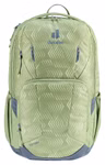 Der Deuter Schulrucksack Cotogy grove ripple-grove ist ein hellgrüner Rucksack mit geometrischem Pfeilmuster mehreren Reißverschlussfächern Seitentaschen einem Tragegriff und dem Deuter-Logo an der Oberseite.