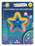 Bunte Verpackung für den Leuchtender Speichenstern LED vom moses. Verlag mit einem gelben und blauen Stern Sternen und Punkten im Hintergrund einem Fahrradrad und dem Text "LEUCHTENDER LED SPEICHENSTERN".