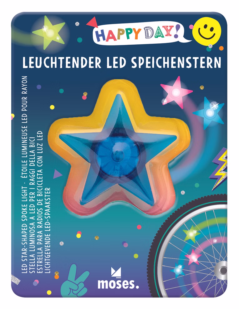 Bunte Verpackung für den Leuchtender Speichenstern LED vom moses. Verlag mit einem gelben und blauen Stern Sternen und Punkten im Hintergrund einem Fahrradrad und dem Text "LEUCHTENDER LED SPEICHENSTERN".