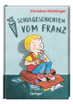 Die Schulgeschichten vom Franz Mini-Ausgabe für die Schultüte aus dem Oetinger Verlag zeigt einen blonden Jungen der lächelnd auf einem Buch sitzt und ein Butterbrot isst umgeben von Schulsachen. Der Titel ist auf dem Umschlag abgebildet.