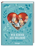 Oetinger Verlag Wir Kinder aus Bullerbü 1 Schmuckausgabe _33736 Petrolfarbener geblümter Einband mit einem herzförmigen Fenster das sechs lächelnde Kinder zeigt. "Wir Kinder aus Bullerbü 1 Schmuckausgabe" vom Oetinger Verlag.