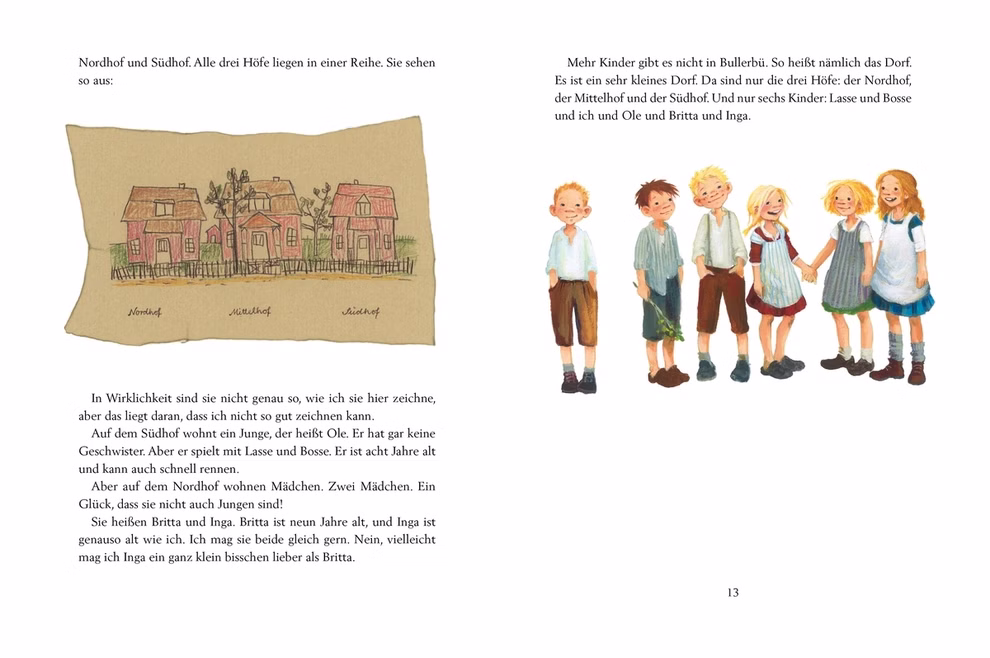 Oetinger Verlag Wir Kinder aus Bullerbü 1 Schmuckausgabe _33738 Das Cover von "Wir Kinder aus Bullerbü 1 Schmuckausgabe" aus dem Oetinger Verlag zeigt ein handgezeichnetes Häusertrio über einem deutschen Text auf der linken Seite und fünf lächelnde Kinder - drei Jungen und zwei Mädchen - die sich über einem weiteren de