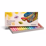Eine Schachtel Mercurius Art Makes Sense Tafelpastellkreide sortiert mit 16 bunten Kreiden die in einer Reihe angeordnet sind. Die Verpackung zeigt lebendige Kunstwerke und den Text "Tafelpastellkreide sortiert 16 Farben.