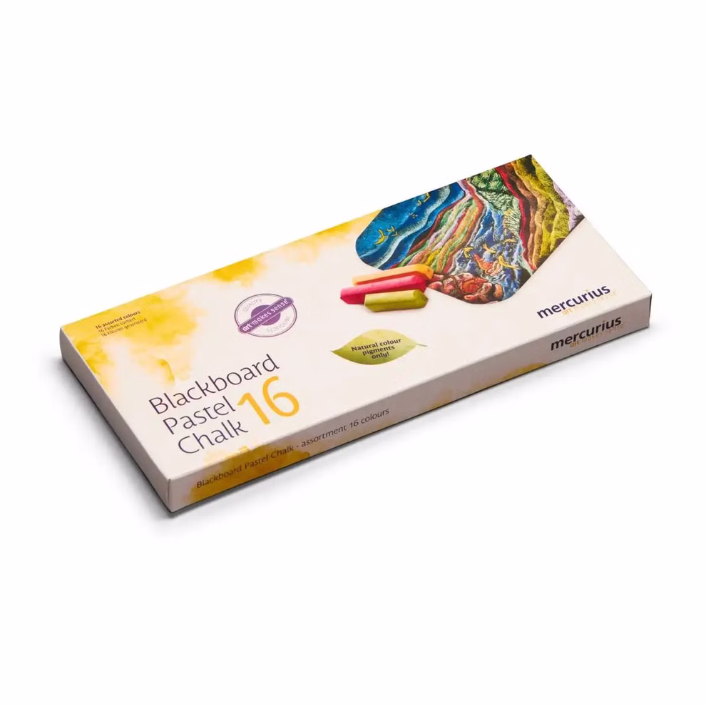 Eine rechteckige Schachtel Mercurius Art Makes Sense Tafelpastellkreide sortiert enthält 16 sortierte Pastellfarben. Die Verpackung zeigt ein farbenfrohes Kunstwerk zwei Kreidestifte und Produktdetails in deutscher Sprache.