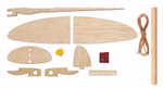 Der Kids at Work Balsaflieger 3 Bausatz enthält unmontierte Holzteile einen Dübel eine gelbe Flosse ein braunes Quadrat und ein Gummiband die alle ordentlich auf einem weißen Hintergrund angeordnet sind.
