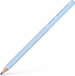 Ein hellblauer Faber-Castell Bleistift Jumbo GRIP aus dem Set mit silbernen Griffpunkten und einer gespitzten Spitze ist diagonal auf weißem Hintergrund platziert.