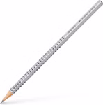 Faber Castell Bleistift mit Grip Härtegrad H_34369 Ein Faber Castell Bleistift mit Grip Härtegrad H mit gepunktetem Griff und angespitzter Spitze silberfarben ist diagonal auf einem weißen Hintergrund positioniert.