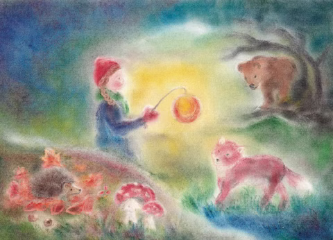 Kunstkarte Laternenkind mit Tieren