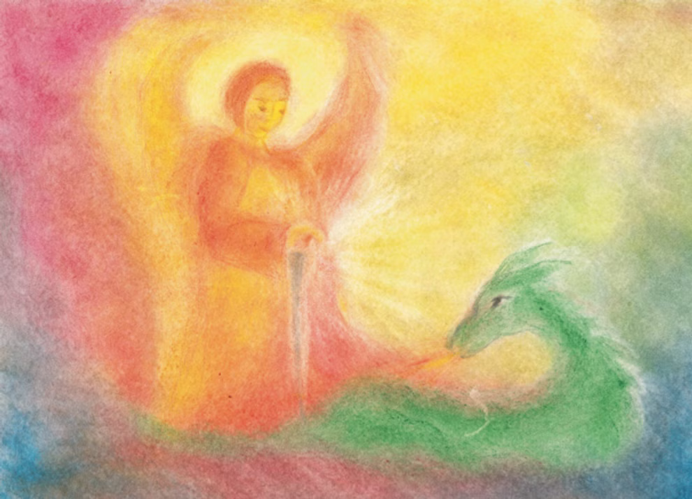 Kunstkarte Sankt Michael Illustration des Erzengels Michael im Kampf mit dem Drachen in sanfter Seccorell-Wischtechnik auf einer Postkarte.
