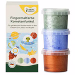 Drei stapelbare Becher glitzernder Fingermalfarbe in den Farben Blau, Grün und Kupfer für kreatives Gestalten, neben der Verpackung. 