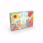 1000-teiliges Puzzle Garten der Freundschaft mit zwei Freunden vor einem Gewächshaus, umgeben von großen Blumen und dichter Vegetation.