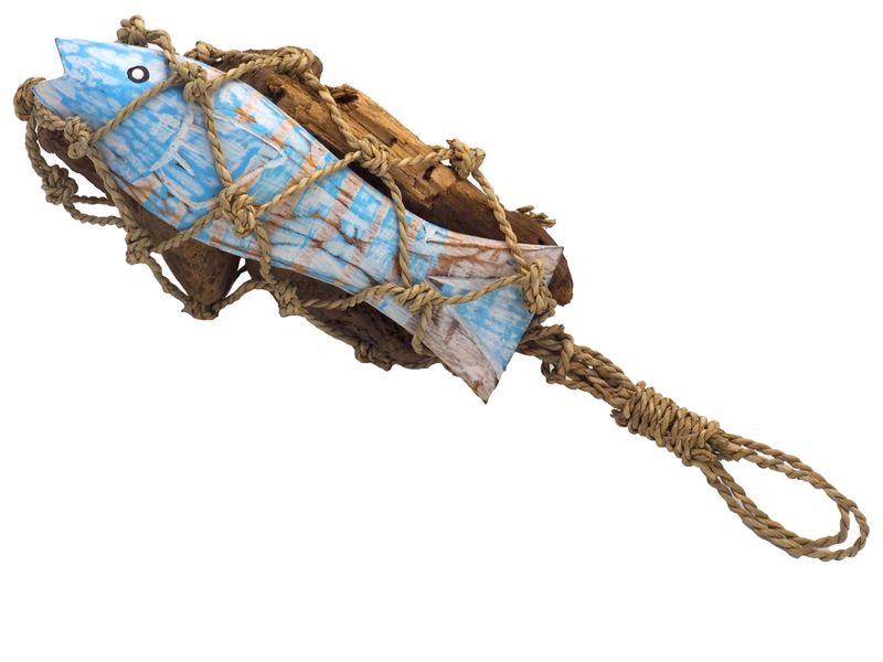 Deko Maritim Holz Fisch Blau Weiß Treibholz