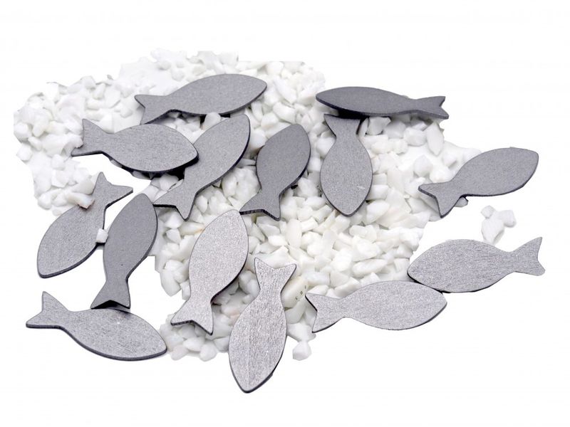 Streudeko Granulat Weiß mit 15 Fischen Silber Petrol Deko Holz Kommunion Konfirmation 500g