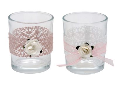 2x Teelichtglas MARINA Vintage Hochzeit Rosa Weiß Glas Tischdeko Deko