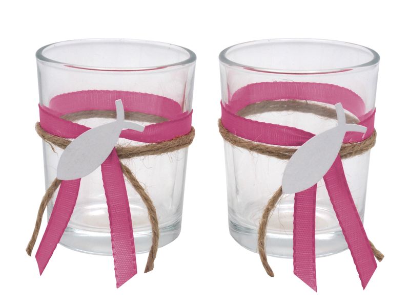 2x Teelichtglas Pink Fisch Vintage Kommunion Konfirmation Tischdeko