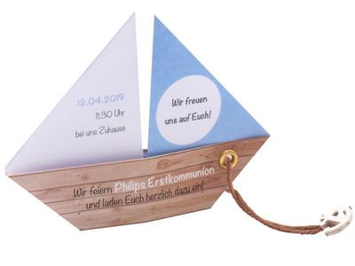 Einladungskarte Kommunion Konfirmation Taufe Boot Schiff Hellblau Blau Einladung Umschlag Braun Weiß