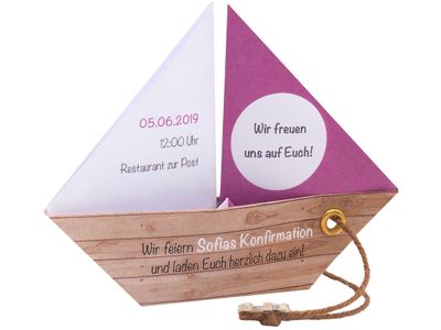 Einladungskarte Kommunion Konfirmation Taufe Boot Schiff Mauve Lila Einladung Umschlag Braun Weiß