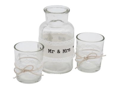 Vase + 2 Teelichtglas Tischdeko Vintage Hochzeit Spitze Mr & Mrs Creme